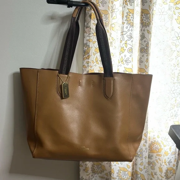 Coach Brown Leather Derby Tote with Dark Brown Straps and Burgundy interior - Picture 3 of 8